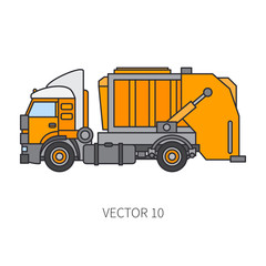 Color flat vector icon construction machinery garbage truck tipper. Industrial style. Corporate cargo delivery. Commercial transportation. Dump recycling. Business. Diesel power. Illustration design.