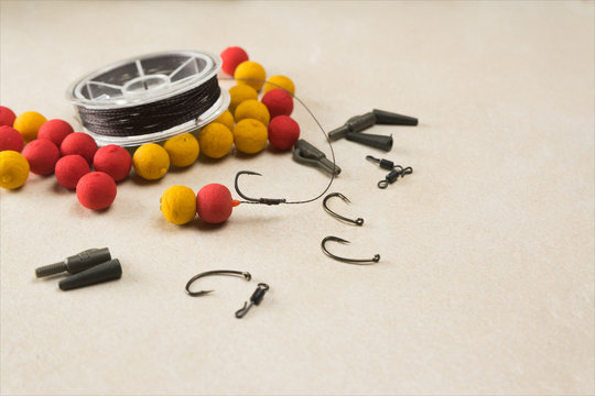 Baits, hooks , ledcor, prepare tackle tackle for carp fishing. Copy paste