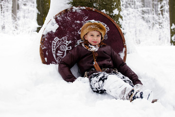 Portrait strong viking warrior winter woods battle scandinavian traditional clothing lumberjack...