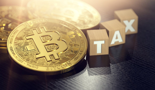 Bitcoin laying on the desk next to small wooden blocks with TAX letters. Bitcoin and taxes concept. 3D rendering