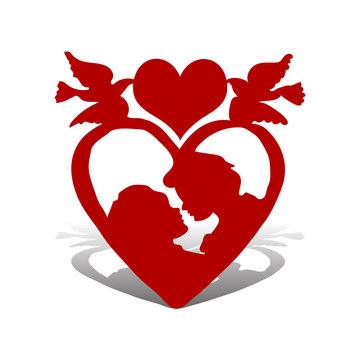 Illustration for Valentine's Day, loving couple, in heart with top of pigeons, silhouette on white background,