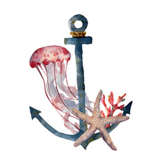 Watercolor anchor with jellyfish and coral. Hand painted underwater illustration with starfish, coral reef isolated on white background. Nautical illustration for design. © yuliya_derbisheva