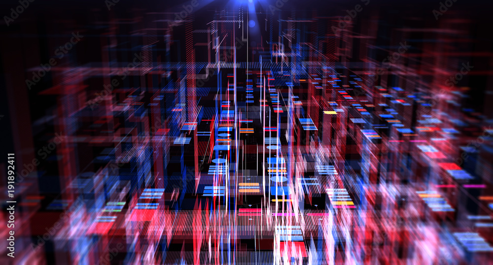 Leinwandbilder Block chain network/Blockchain network concept , Distributed register technology , Block chain text and computer connection with colored background