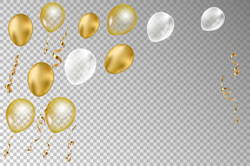 Golden Balloons and ribbons on a transparent background