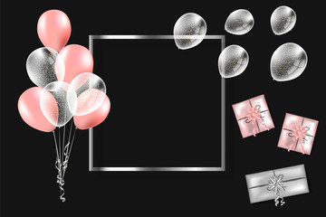 Pink and white balloons on a black background with empty frame and present gift box