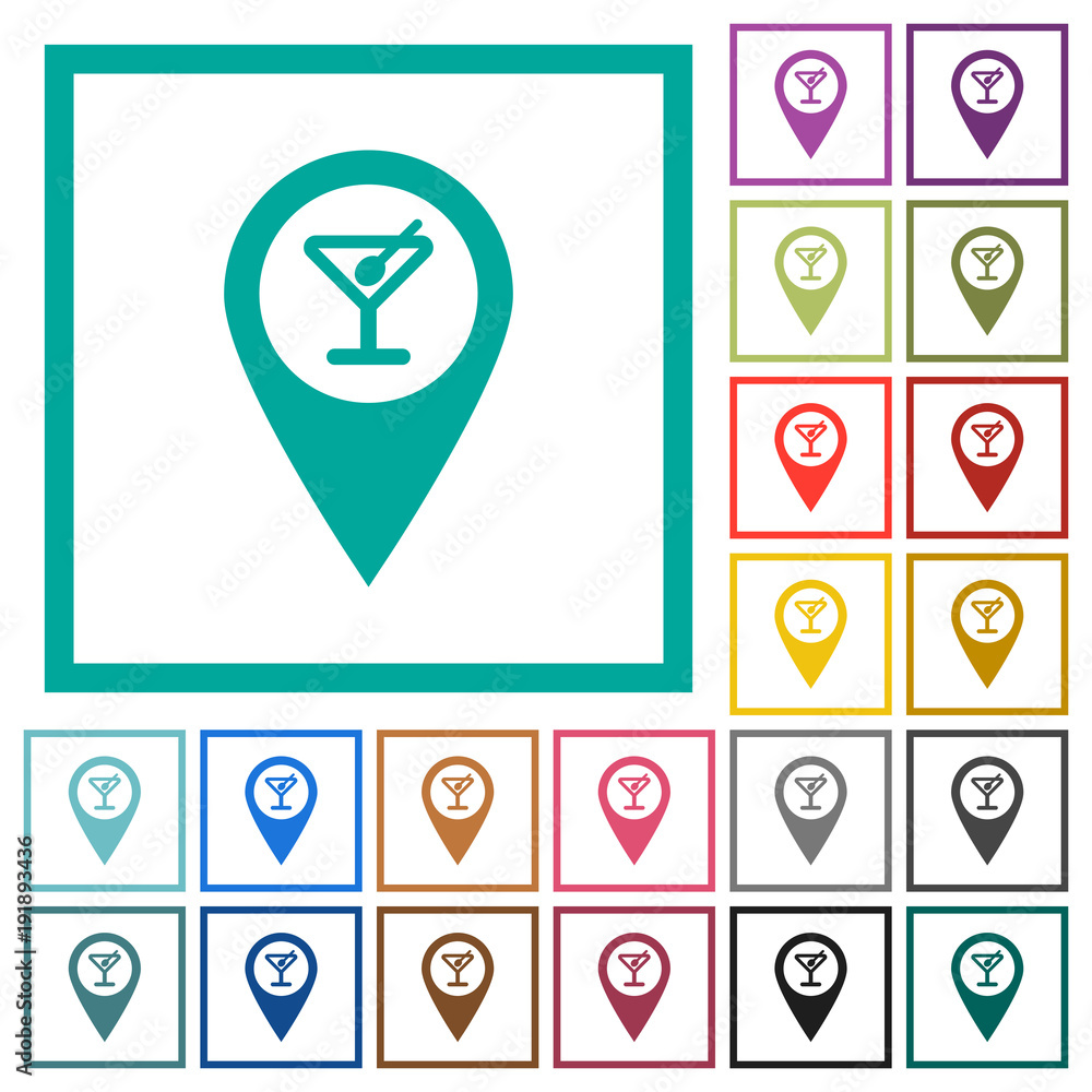 Poster cocktail bar gps map location flat color icons with quadrant frames