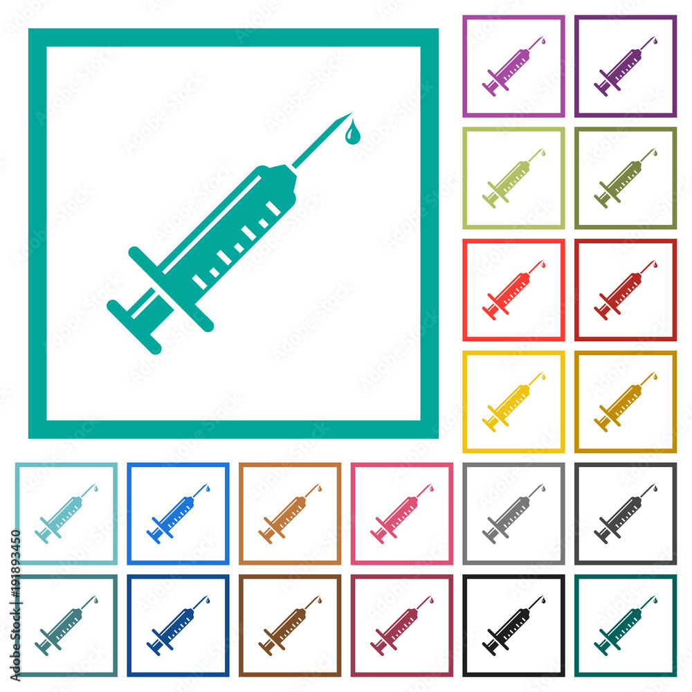Poster syringe with drop flat color icons with quadrant frames