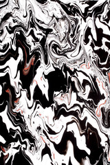 Black and white paints swirling and mixing, with red dots swirling 