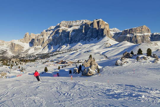 Italian Dolomites in Winter from Val di Fassa Ski Area, Trentino-Alto-Adige region, Italy