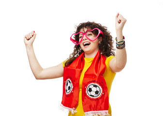 Football or soccer woman fan screaming with supporter attributes isolated on white
