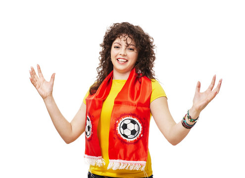 Football or soccer woman fan screaming with supporter attributes isolated on white