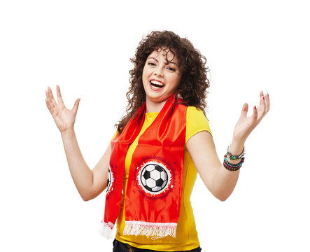 Football or soccer woman fan screaming with supporter attributes isolated on white