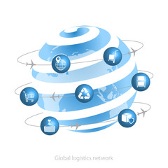 Global logistics network.  Planet Earth and logistics icons in the form of satellites.  Set icons transport and logistics. Flat design. Vector illustration EPS10. © katarinanh