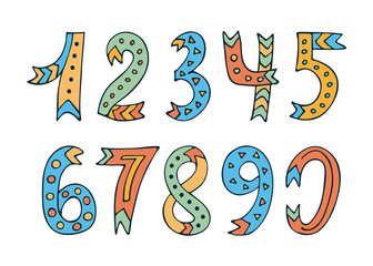 Fototapeta premium Hand-drawn numbers set on white background. Collection of cute colorful numbers. Vector illustration for web, site, design, art, banner, poster, print and etc.