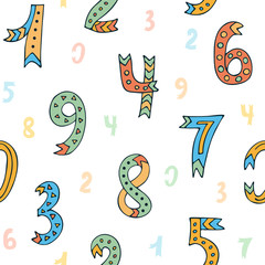 Seamless pattern with handwritten numbers on white background. Mathematical background of cute colorful numbers for kids. Hand drawn vector illustration for web, site, design, art, banner, poster, pri