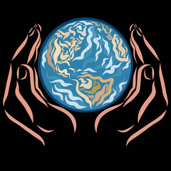 Hands holding the globe, black background