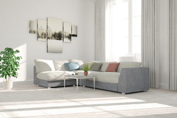 Idea of white minimalist room with sofa. Scandinavian interior design. 3D illustration