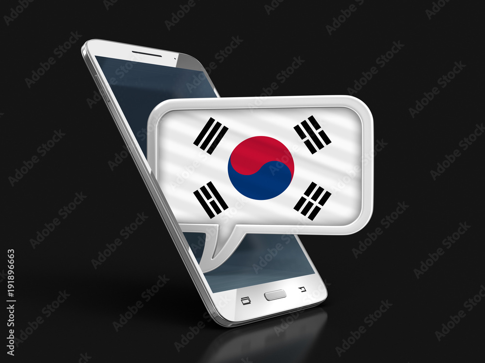 Poster touchscreen smartphone and speech bubble with south korean flag. image with clipping path