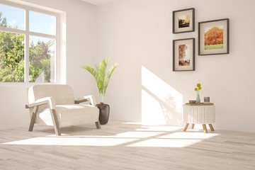 Idea of white room with armchair and summer landscape in window. Scandinavian interior design. 3D illustration
