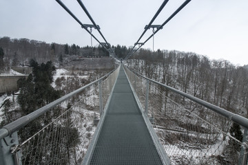 Rope bridge at the Rappbode dam in Harz, Germany. 