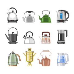 Teapot and kettle vector teakettle or samovar to drink tea on teatime and boiled coffee beverage in electric boiler in kitchen illustration kitchenware set isolated on white background