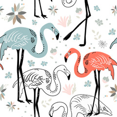 Abstract hand painted seamless animal background. Birds Flamingo