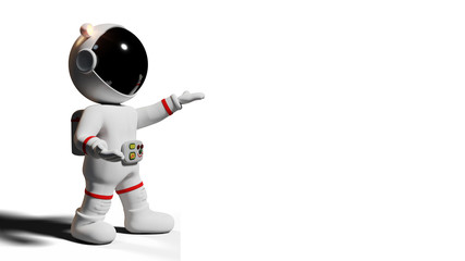 astronaut, 3d cartoon character presenting an empty space (3d rendering isolated on white background)