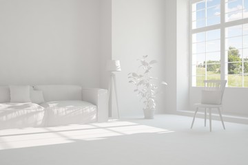 Idea of white room with sofa and summer landscape in window. Scandinavian interior design. 3D illustration