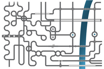 Vector illustration of high road junction with river. Road construction set