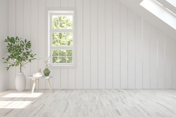 White empty room with summer landscape in window. Scandinavian interior design. 3D illustration