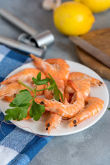 Fresh boiled shrimps. Seafood.