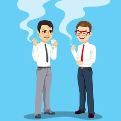 Two businessmen on coffee break time smoking cigarette
