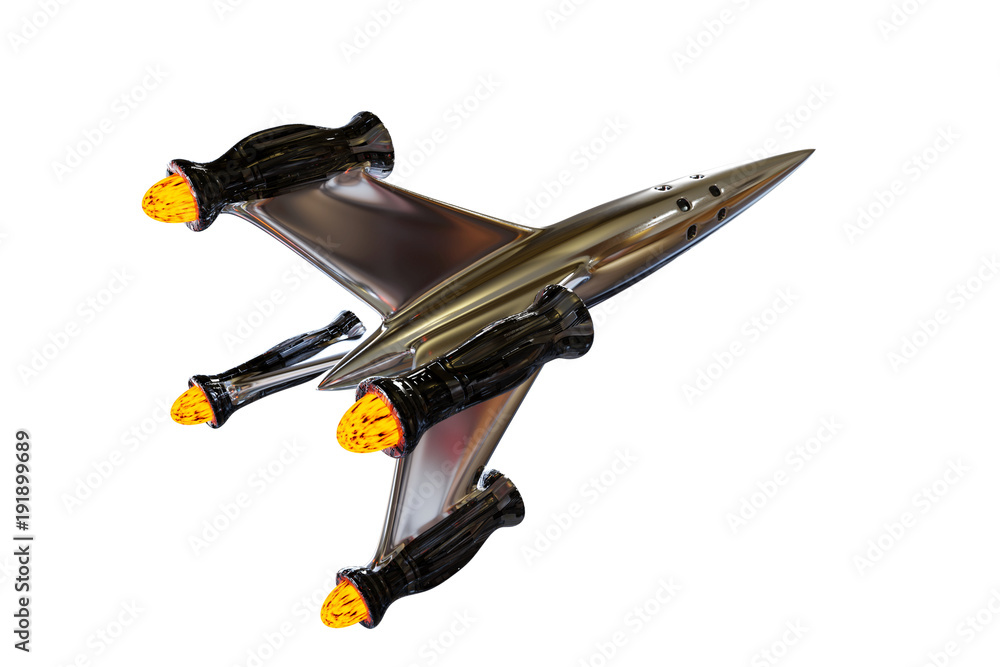 Wall mural spaceship, beautiful and shiny starship fliyng into outer space (3d render isolated on white backgro