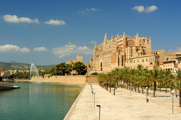 Cathedral of la Seu Majorca and parc de la mar in Palma de Mallorca Balearic islands Spain
