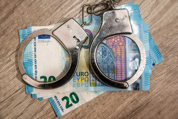 Handcuffs on the euro bills. crime concept