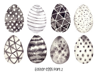 Watercolor illustrations. Spring eggs collection with trendy geometric design. Happy Easter! Sketch. Perfect for invitations, greeting cards, posters, prints, packing etc