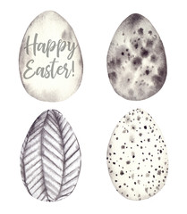 Watercolor illustrations. Spring eggs collection with trendy geometric design. Happy Easter! Sketch. Perfect for invitations, greeting cards, posters, prints, packing etc