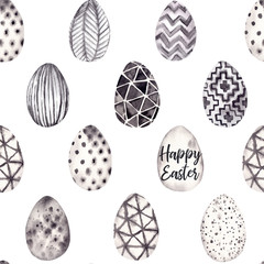 Watercolor seamless pattern. Black and white background with trendy eggs. Happy Easter! Sketch. Perfect for invitations, greeting cards, posters, prints, packing etc