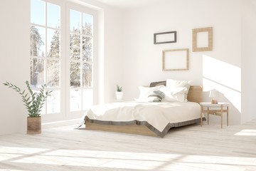 White bedroom with winter landscape in window. Scandinavian interior design. 3D illustration