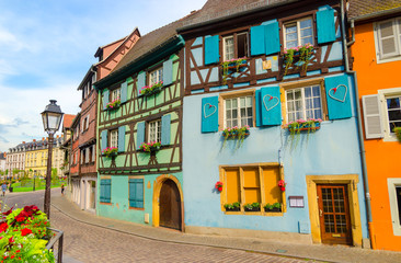 fairytale street in Old Town of Colmar, Alsace, France