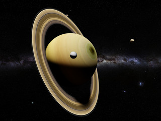Saturn's moon Enceladus in front of planet Saturn, other moons and the Milky Way galaxy  © dottedyeti