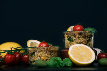 Vegan salad of vegetables, mushrooms and quinoa.