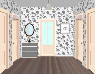 Long corridor with rows of closed doors. Concept of infinite opportunities for success and toughness of choice. Hallway illustration