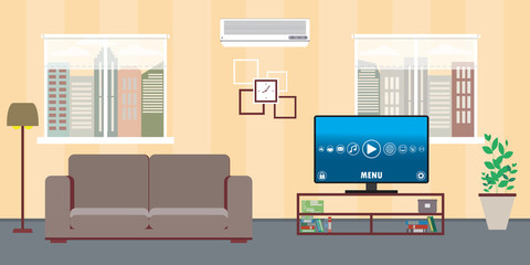 Fototapeta premium Living room home interior with two windows,sofa,tv and air conditioning