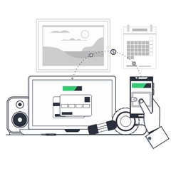 Money transfer.Sending coins from personal account on computer to smart phone. Vector illustration
