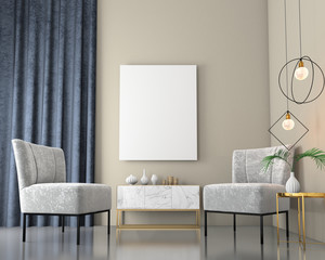 Mock up interior background with velvet armchairs, scandinavian style, 3d render