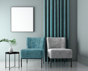Mock up interior background with velvet armchairs, scandinavian style, 3d render