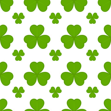 Vector illustration of shamrock seamless pattern on white background. Saint Patricks Day symbol in flat style. Green clover icon for Irish holiday.
