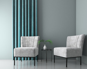 Mock up interior background with velvet armchairs, scandinavian style, 3d render