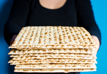 Traditional festive Jewish food Matza. Traditional family holiday Pesach.